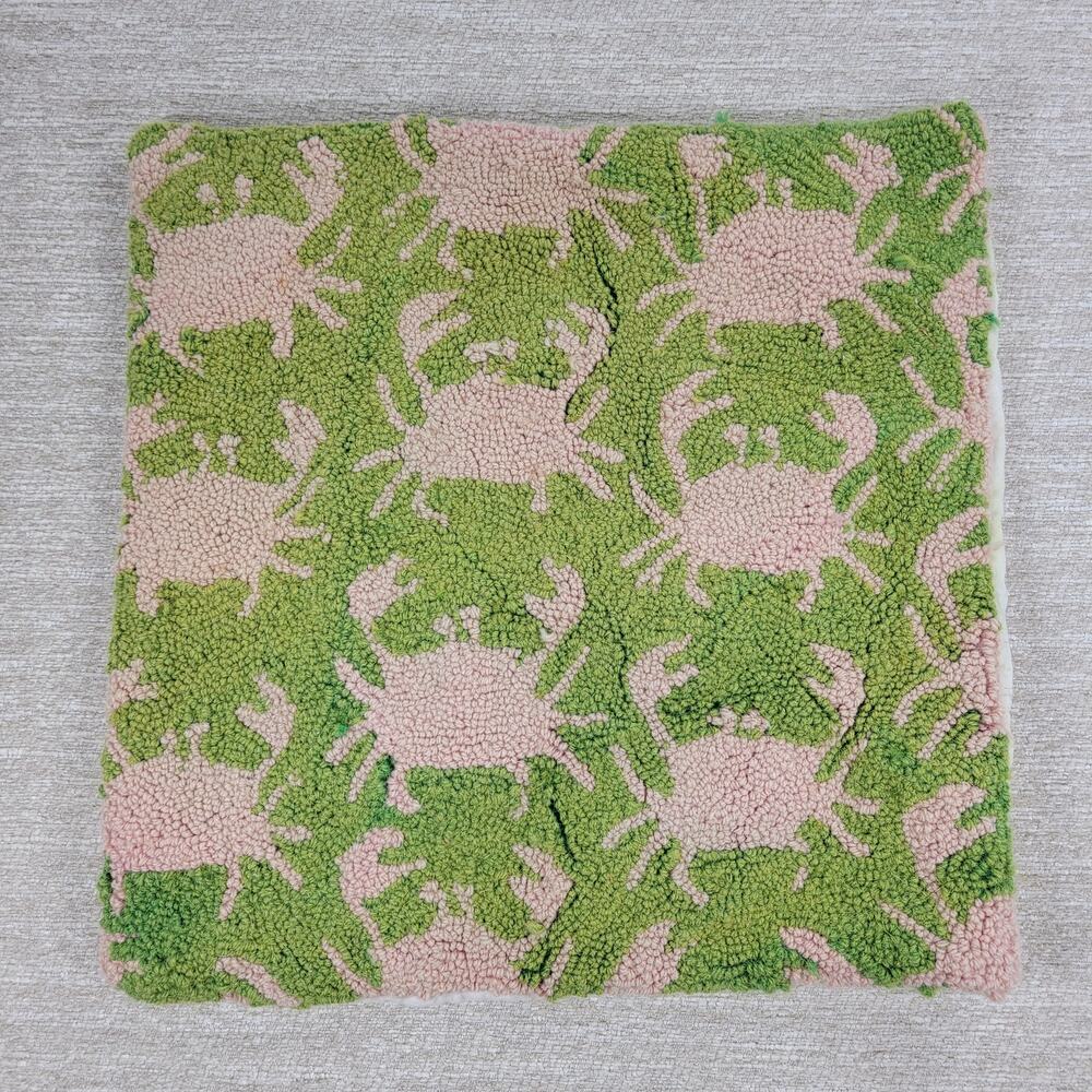 Vtg Handmade Wool Hooked Crab Pillow Cover 18x18 Coastal Nautical Beach Cottage